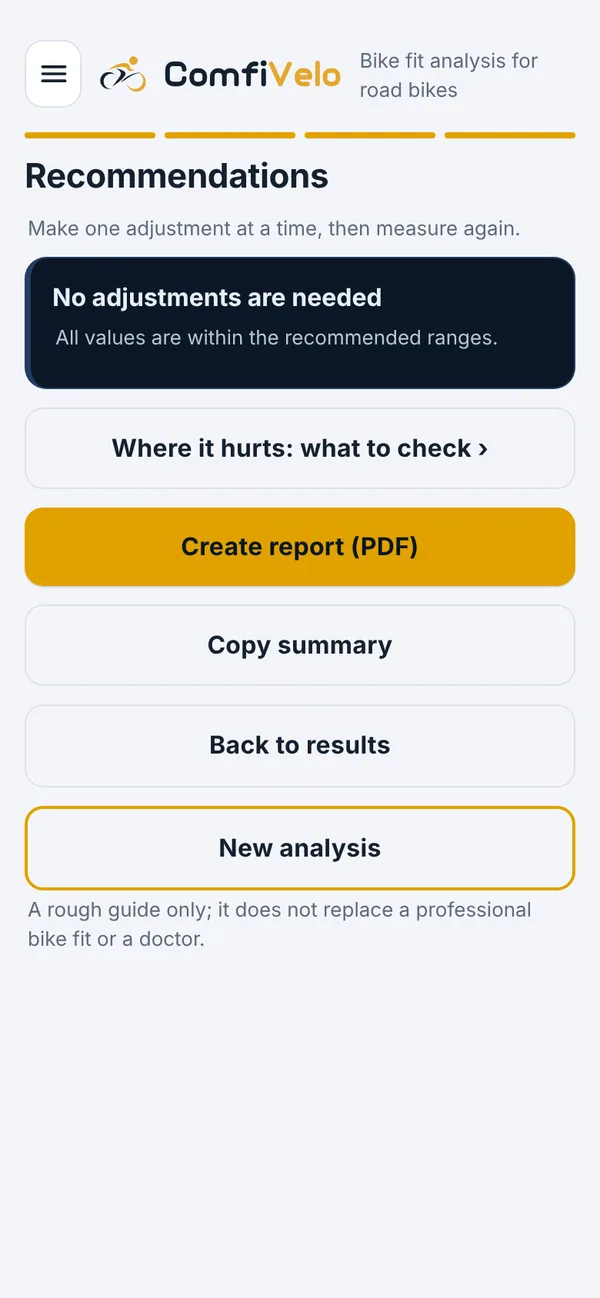 Recommendations screen with an adjustment step