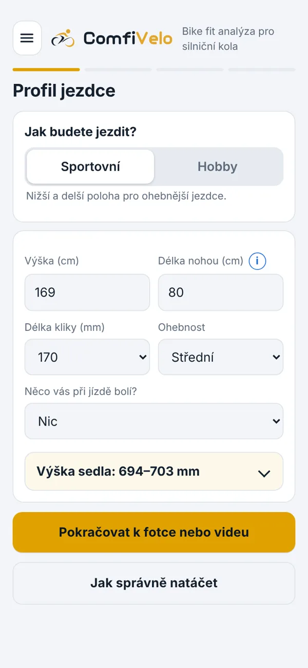 Obrazovka Profil jezdce ve skutečné aplikaci