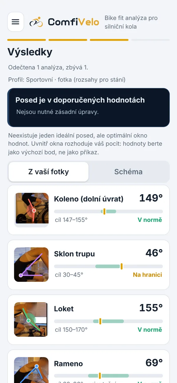Obrazovka Výsledky s úhly a rozmezími