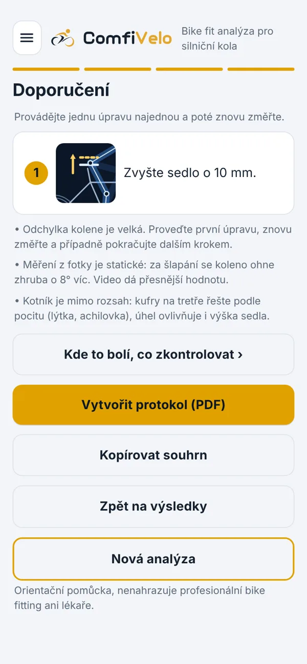 Obrazovka Doporučení s krokem úpravy