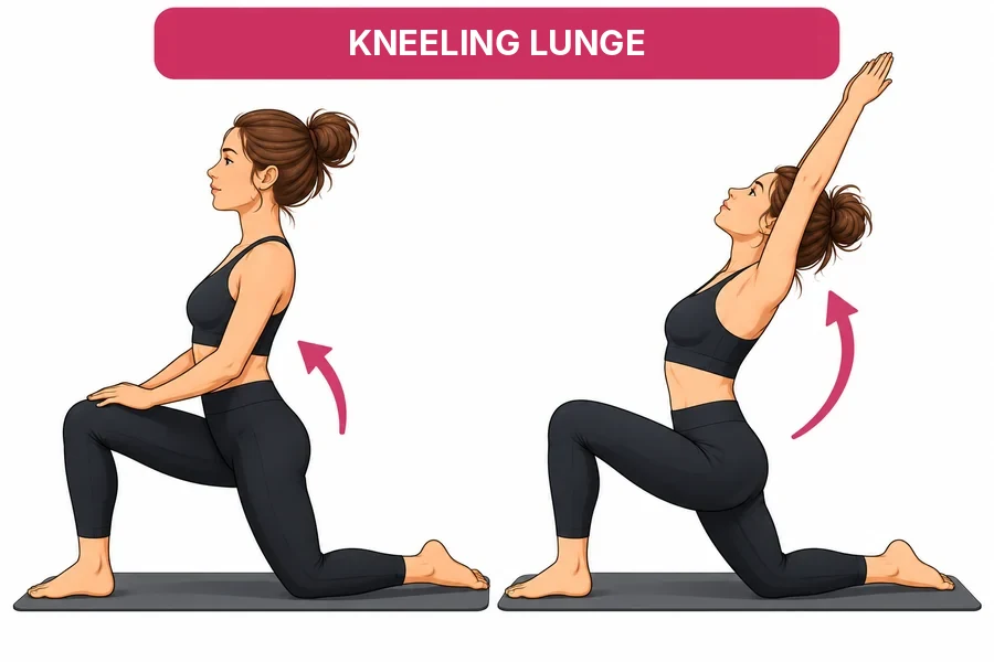 Kneeling lunge: on the left an upright torso with hands on the knees, on the right arms raised overhead