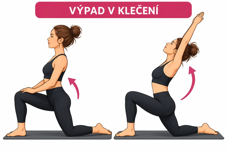 Výpad v klečení: vlevo vzpřímený trup s rukama na kolenou, vpravo paže zvednuté nad hlavu