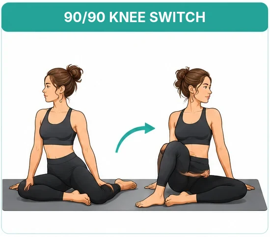 90/90 knee switch: sitting on the mat, the knees are switched from one side to the other