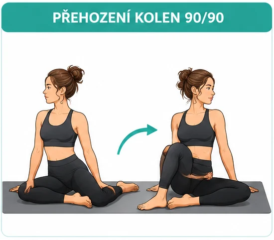 Přehození kolen 90/90: vsedě na podložce se kolena přehazují z jedné strany na druhou