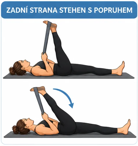 Zadní strana stehen vleže: noha zvednutá s popruhem kolem chodidla, druhá noha leží