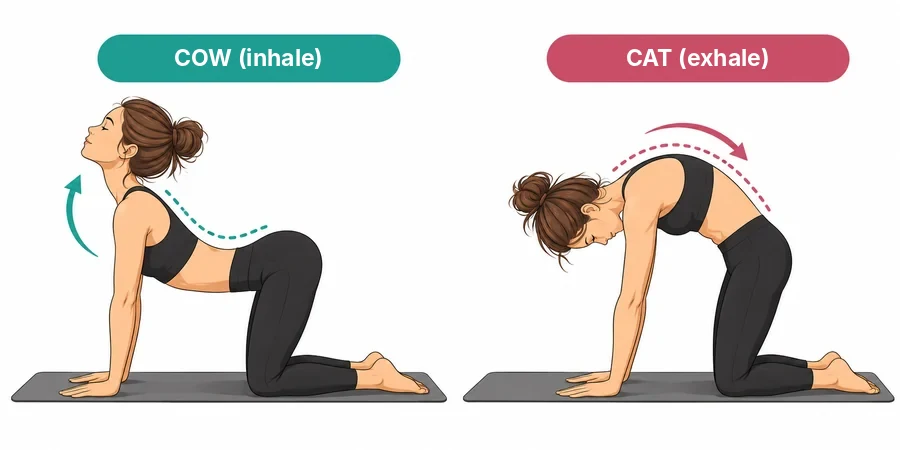 Cat-cow on all fours: on the left an arched back with the gaze up, on the right a rounded back and the chin to the chest