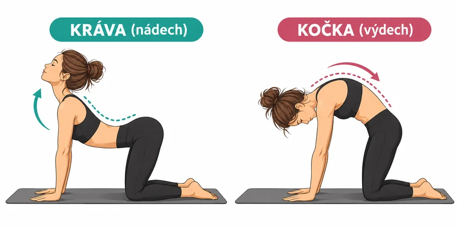 Kočka a kráva na čtyřech: vlevo prohnutá záda s pohledem nahoru, vpravo zakulacená záda a brada u hrudi