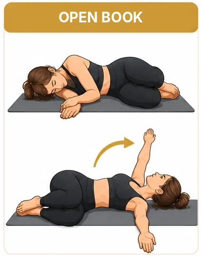 Open book, lying on your side: the top arm opens to the side and the chest rotates