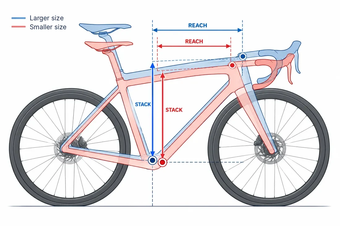 Diagram of two sizes of the same frame: the larger frame has both greater stack and reach